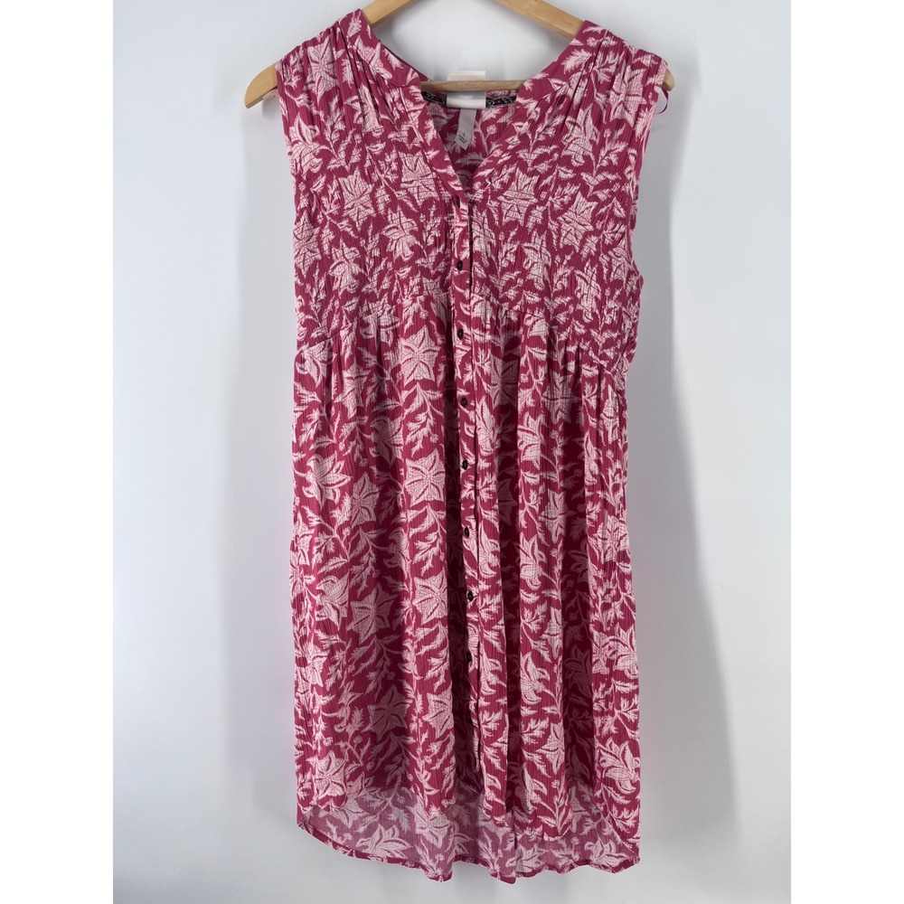 Knox Rose Pink Floral Sleeveless Smocked Button Front Mini Dress L Boho Chic
